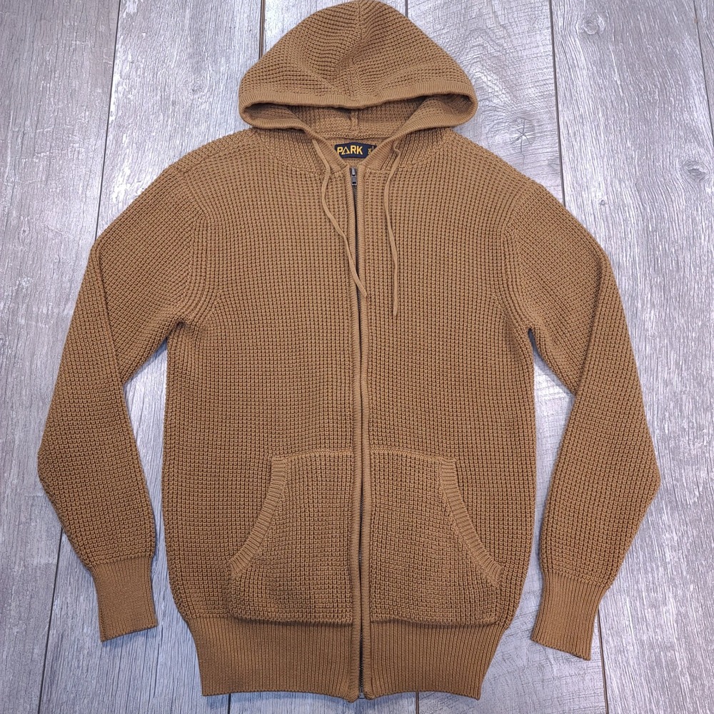 PARK Waffle Knit Zip Through Hoodie Mens Small Brown Full Zip Sweater